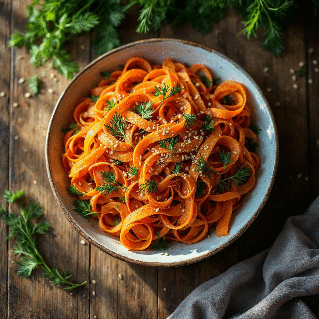 Fresh carrot ribbon salad in ceramic bowl