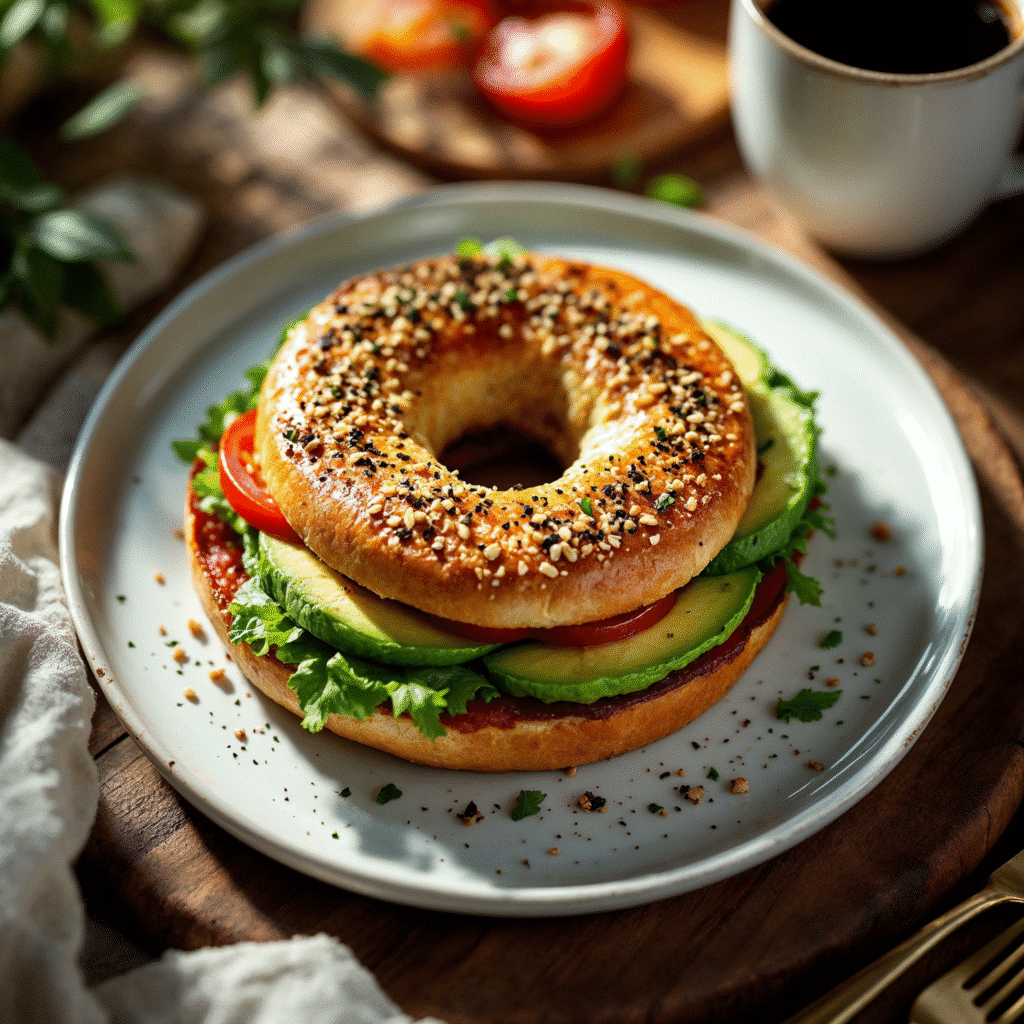 Sliced Vegan High Protein Bagel with Avocado and Tomato Topping