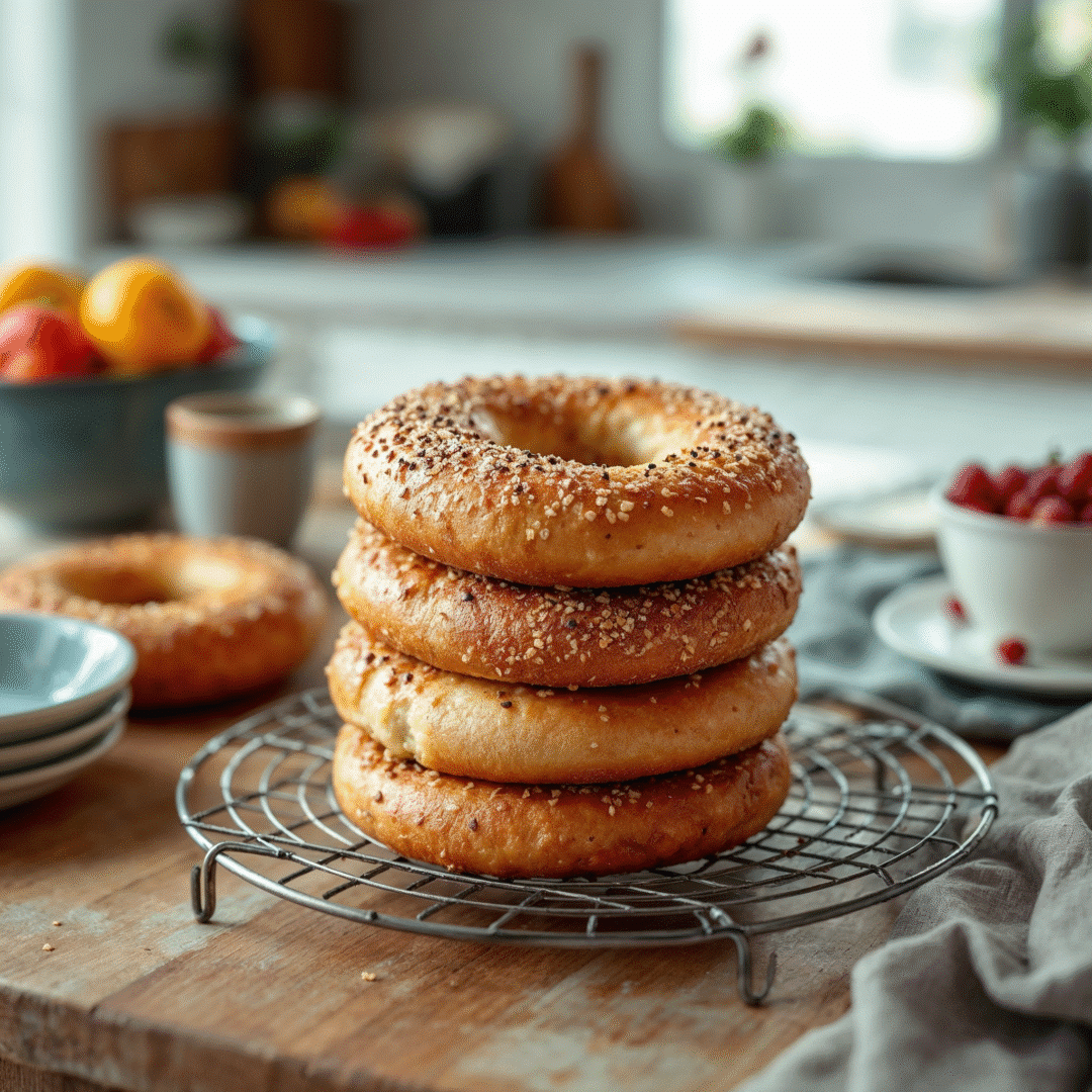 Freshly Baked Batch of Vegan High Protein Bagels on Cooling Rack