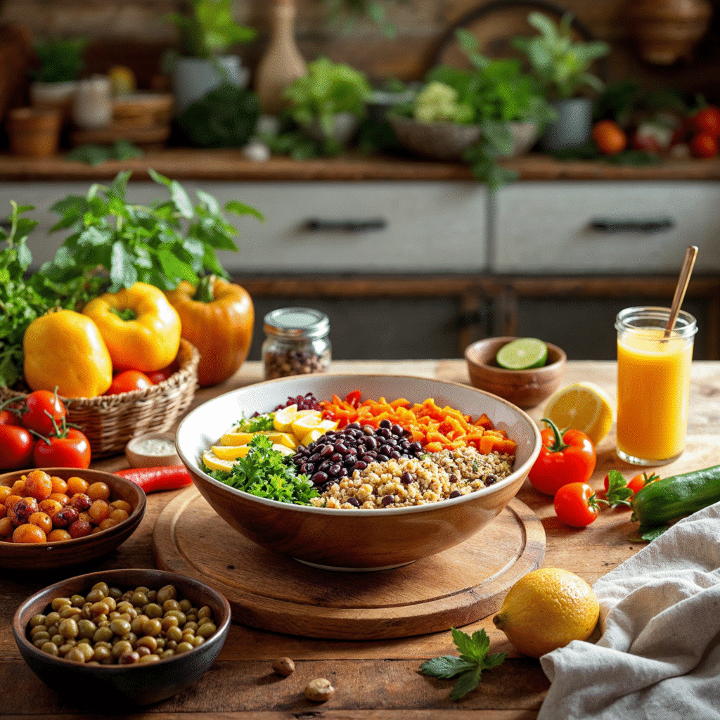 Vibrant vegan for weight loss recipes power bowl on a rustic kitchen table