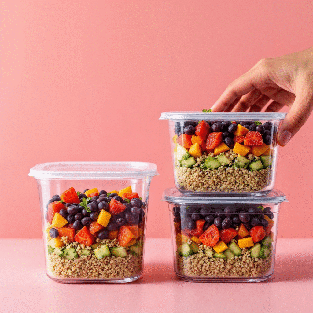 Meal prep containers filled with the Spicy Black Bean and Quinoa Power Bowl vegan for weight loss recipe