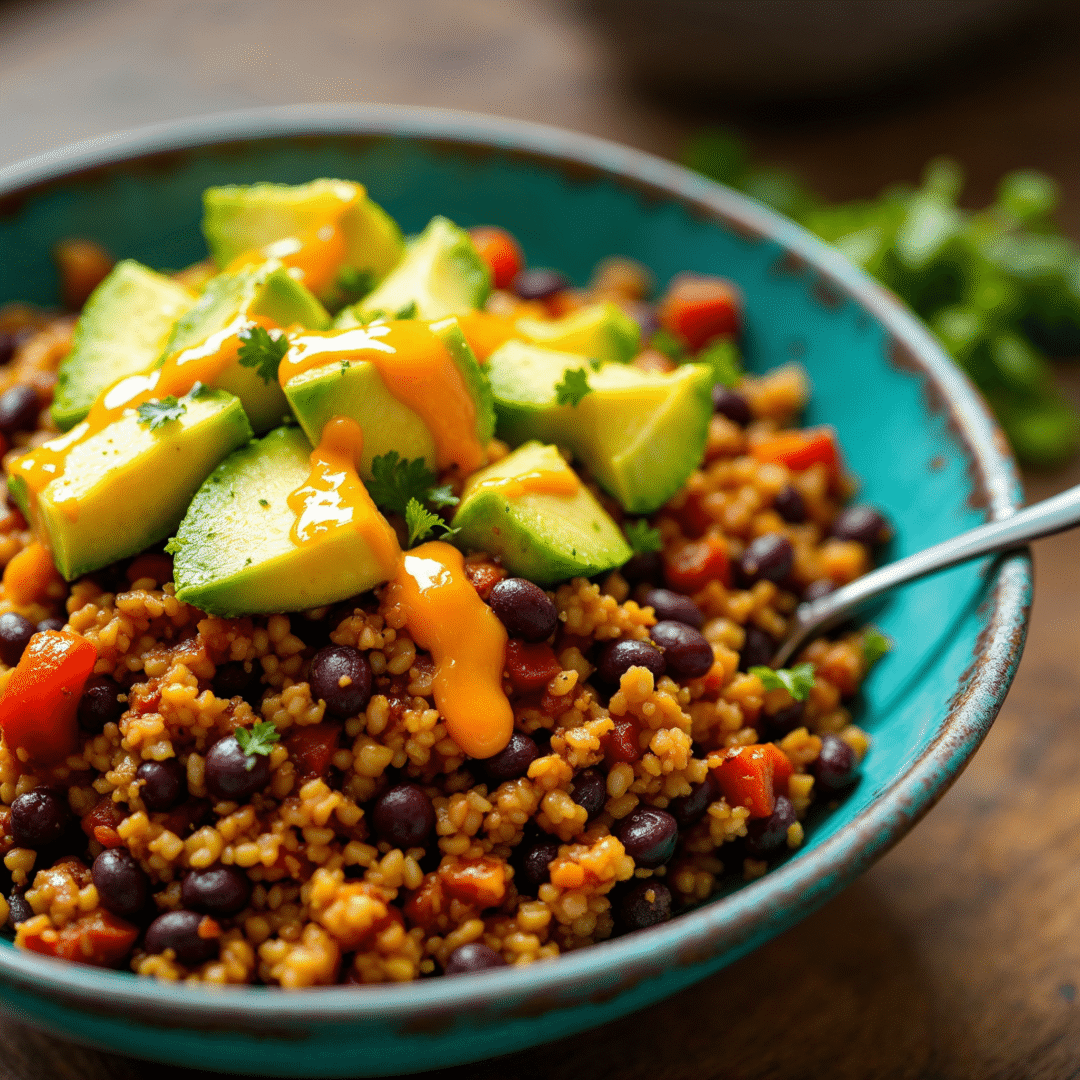Final plated view of the Spicy Black Bean and Quinoa Power Bowl vegan for weight loss