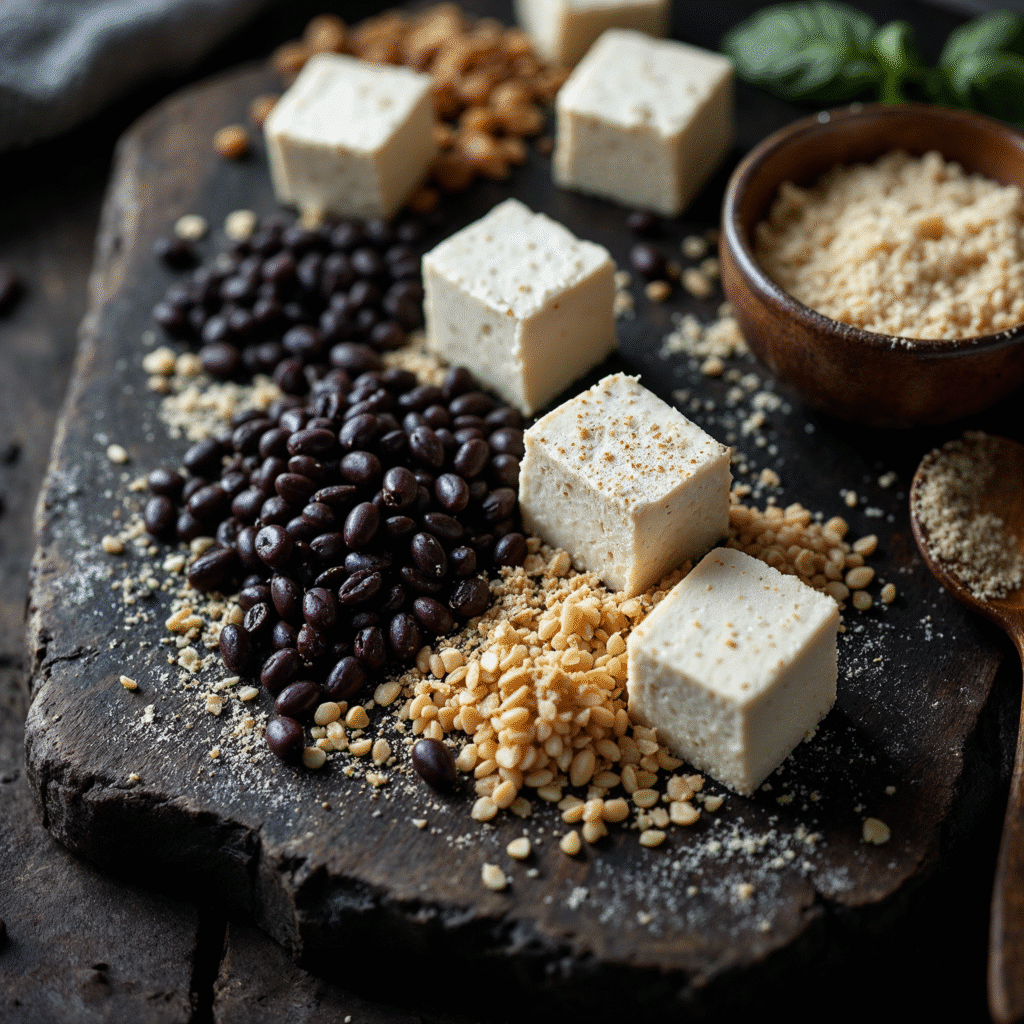 Essential high protein vegan recipes for weight loss ingredients like tofu, beans, and lentils.