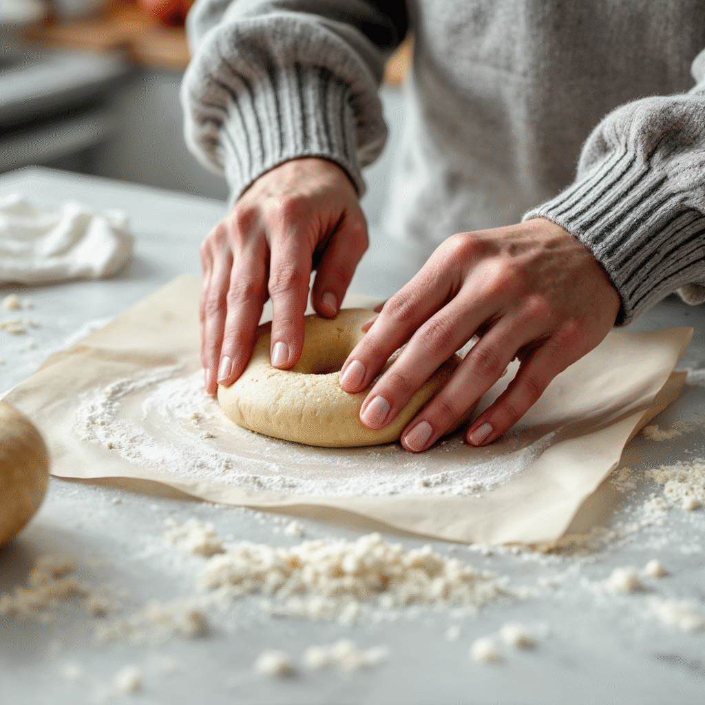Hands kneading vegan keto bagel dough after resting