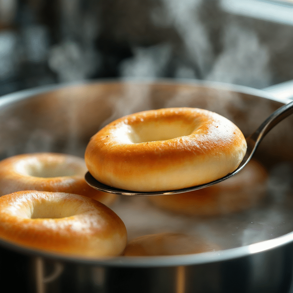 Boiling vegan keto bagel rings for a chewy texture