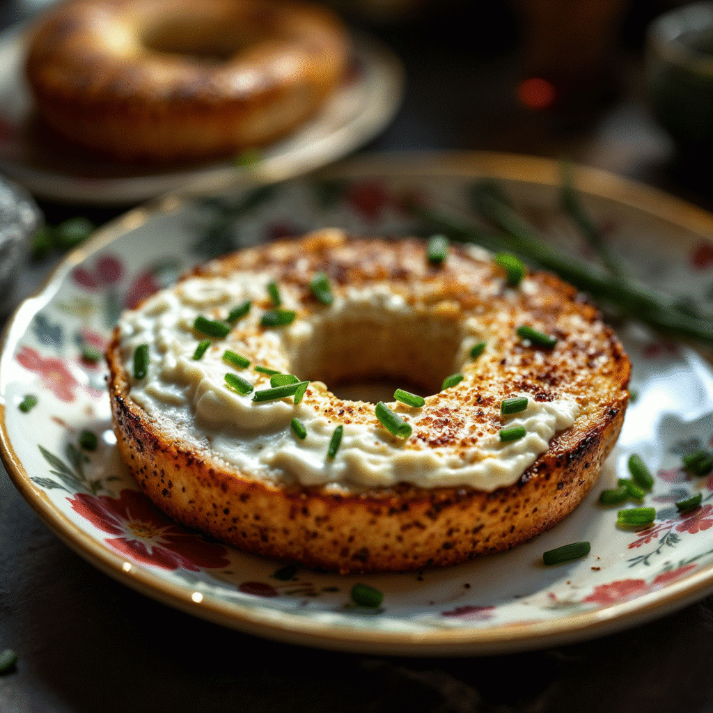 Sliced and toasted vegan keto bagel with vegan cream cheese