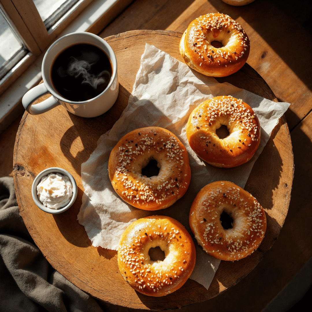 Complete batch of vegan keto bagels with coffee