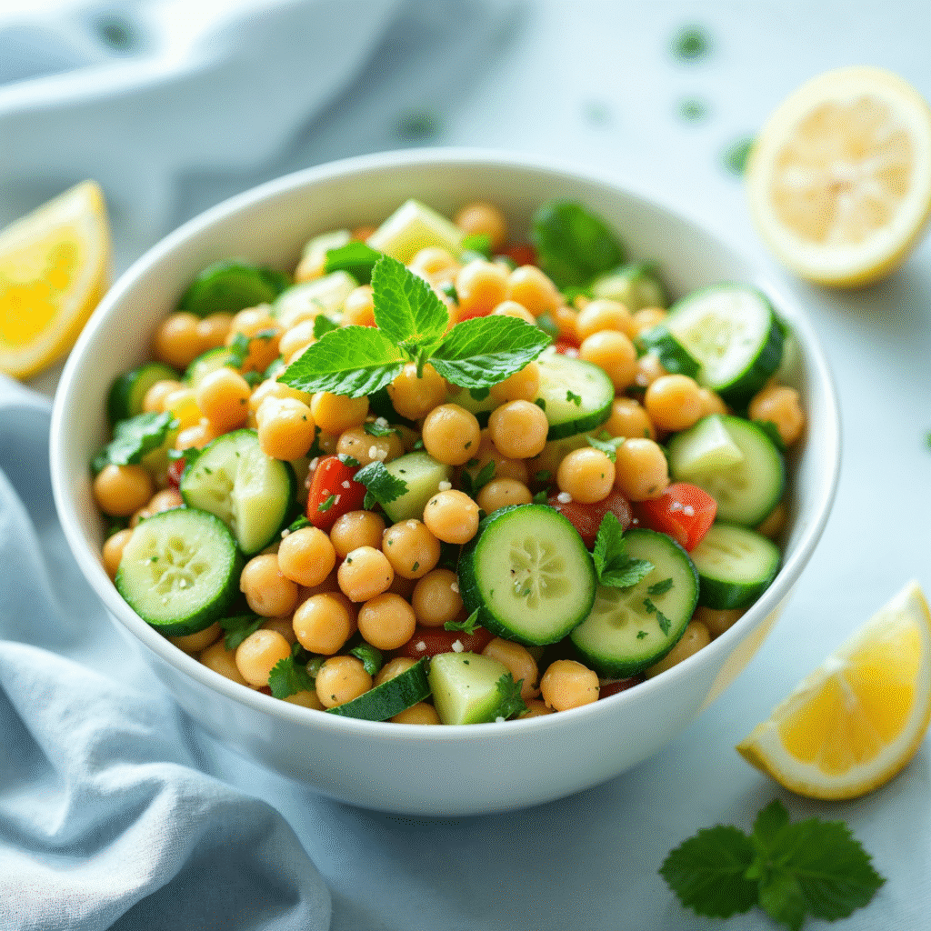 Vibrant plant-based chickpea cucumber salad with fresh lemon and mint.