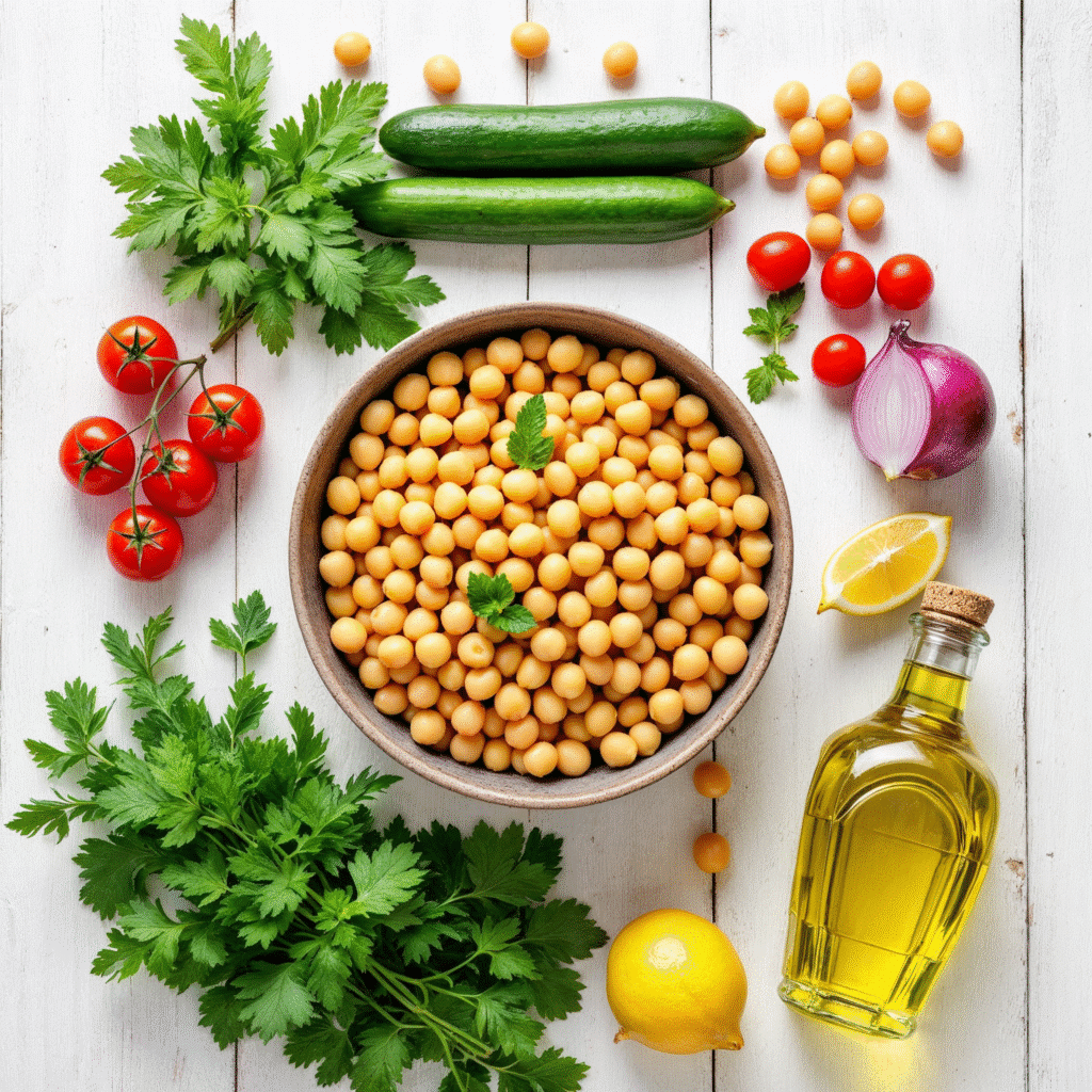 Ingredients for quick chickpea cucumber salad.