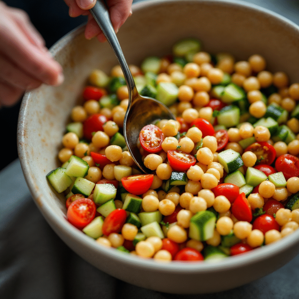 Tossing the chickpea cucumber salad with vegetables.