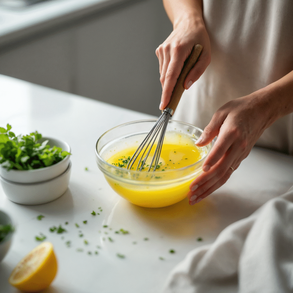 Whisking lemon vinaigrette dressing for chickpea cucumber salad.