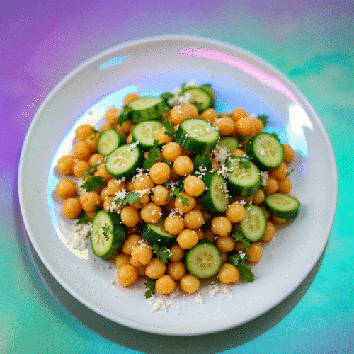 Final recipe card image of the plant-based chickpea cucumber salad.