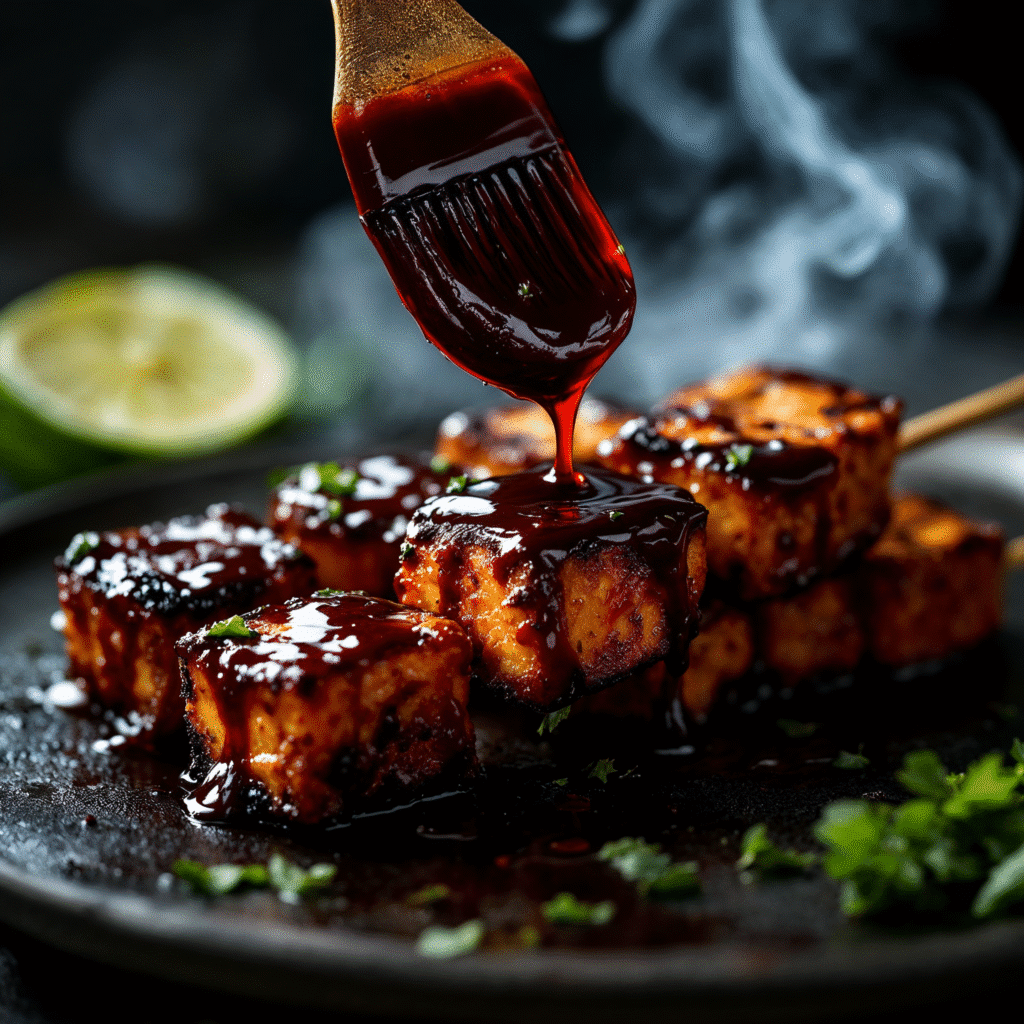 Homemade Vegan BBQ Sauce brushed onto tofu, rich and smoky.