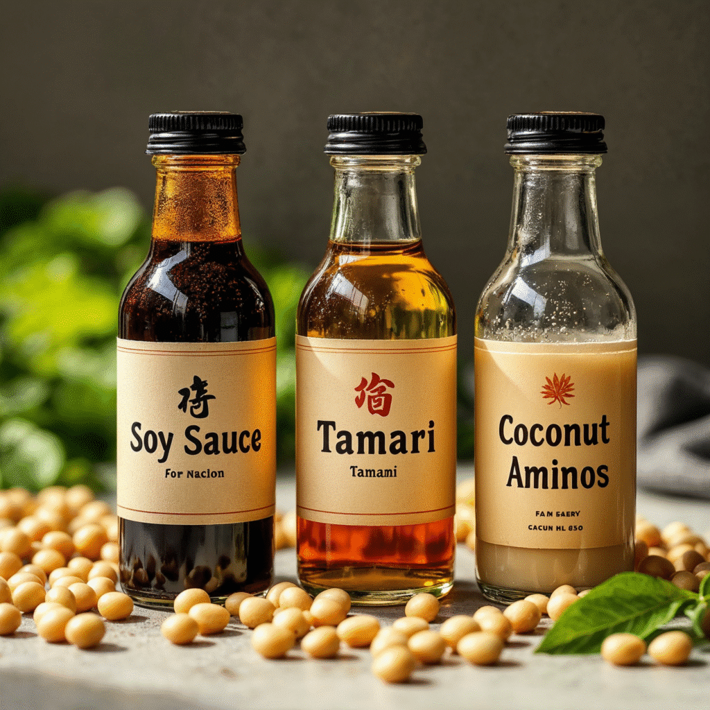 Three vegan soy sauce alternatives: Tamari, Coconut Aminos, and traditional soy.