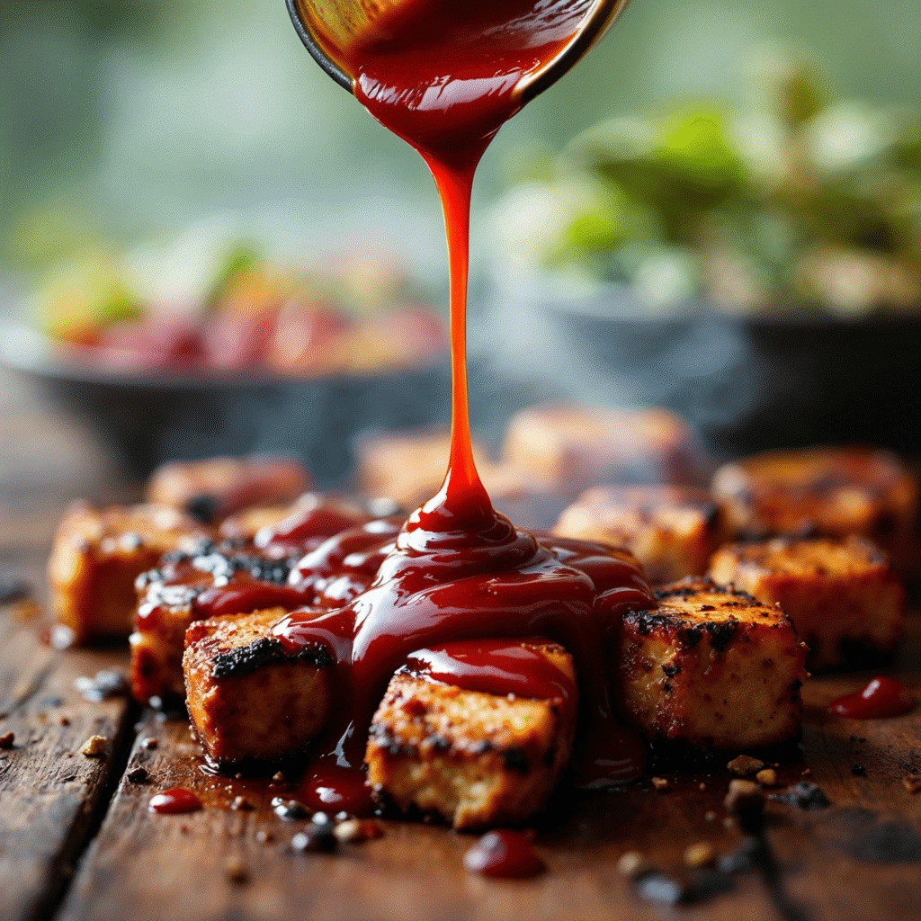 Glossy homemade vegan bbq sauce being drizzled over perfectly grilled tofu.