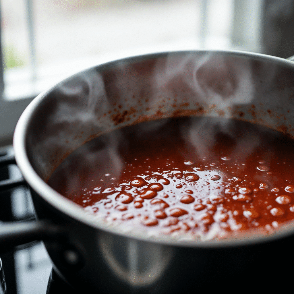 The thick vegan bbq sauce is simmering on the stovetop to deepen its flavor.
