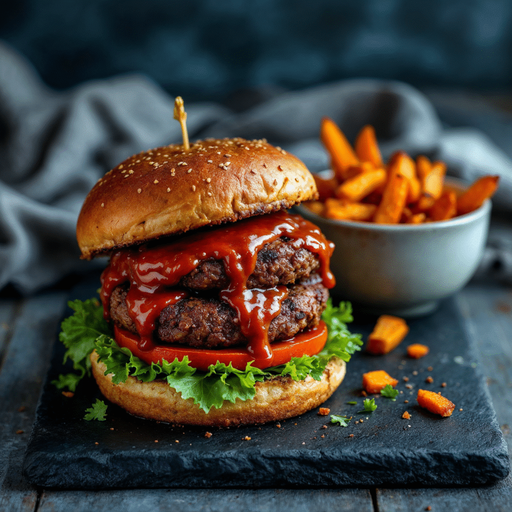 Delicious stack of vegan burgers topped with thick, homemade vegan bbq sauce.