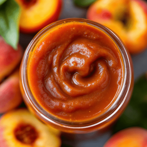 Freshly made peach vegan bbq sauce in a glass jar ready for storage.